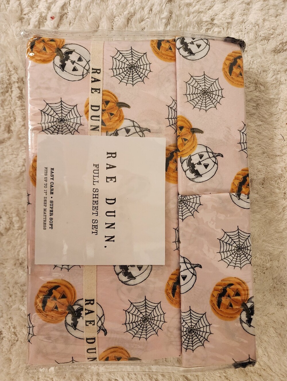 Rae Dunn Pink Halloween Pumpkin & Spiderweb Full Sheet Set Oeko-Tex